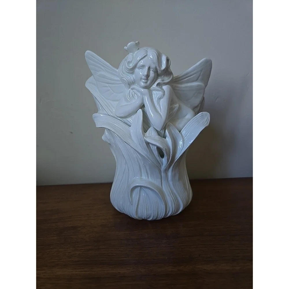 Fitz and Floyd Fairy Collection Vase Art Nouveau White Ceramic Mythical 8.5